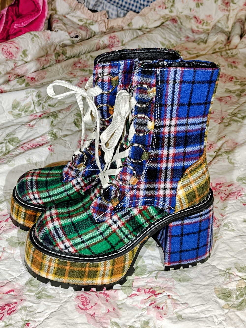 Dolls Kill Women 9 Plaid Flannel Lace-Up Platform Boots Color Combo Sold Out